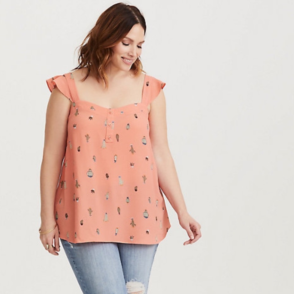 Torrid Coral Cactus Ruffle Crepe Tank Top